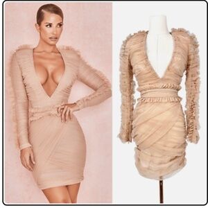 House of CB Fleur Blush Pleated Tulle Deep V Mini Dress